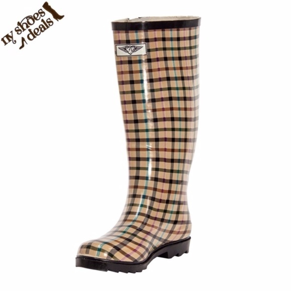 Women  Rubber Rain Boots, Lines Plaid Rainboots - Picture 1 of 4